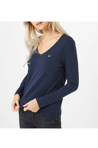 her Donation erfaring Tommy Hilfiger Women V-Neck L/S Organic Logo Tee Navy – Luxivo